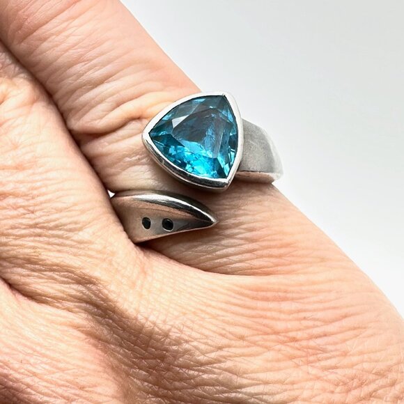 Blue Topaz Sterling Silver Ring Size 3.5 Weight 10 Grams Best Modernist Design - Picture 2 of 6